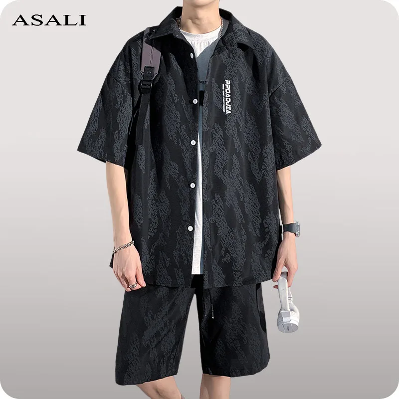 

Men Clothing 2023 Summer Loose Tracksuits Casual Men's Two-Piece Sets Turn-Down Collar Shirts And Shorts Printed Streetwear