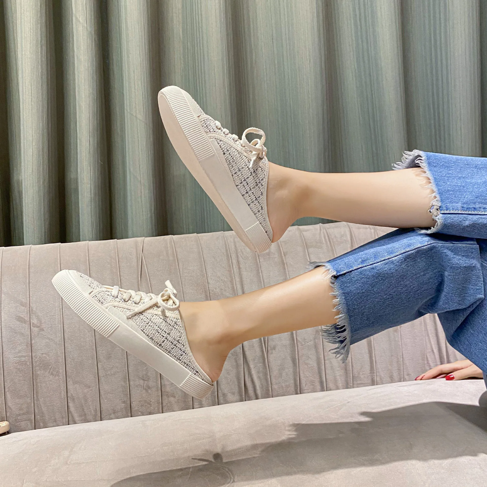 2022  Autumn New Women Shoes Wool Lace-up Sneakers Canvas Shoes Flat Casual Semi-slippers Lazy Shoes Mules Slingback Sneakers