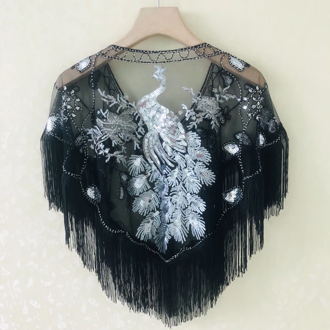 Chinese Phoenix Tassel Sequin Spring Summer Women's Sequins With Shawl  Mesh Cloak Girl Versatile Sunscreen Fashion Lace Silver