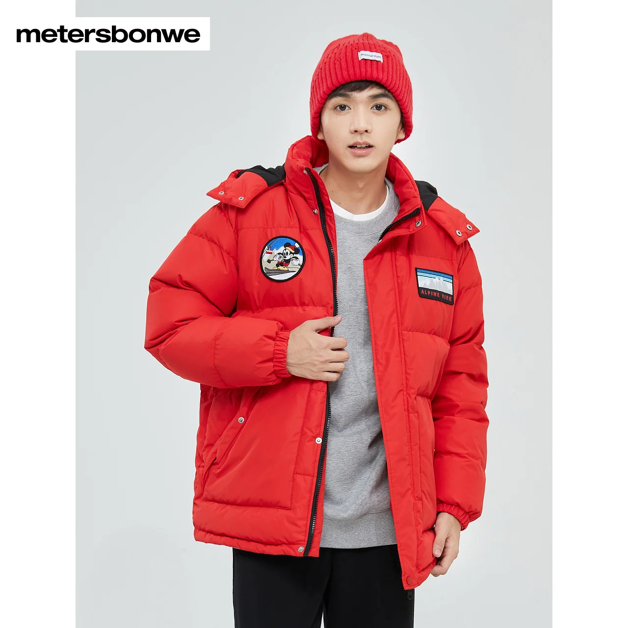 Metersbonwe Women's 22New Winter Ski Style Windprrof Hooded Down Jacket Cartoon Patched Eiderdown Top  Loose Thick Warm Wear