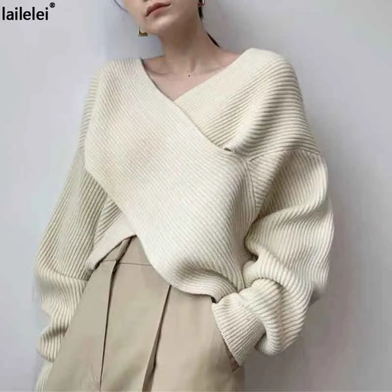 

2022 Korean V-neck cross design sense versatile sweater sweater female