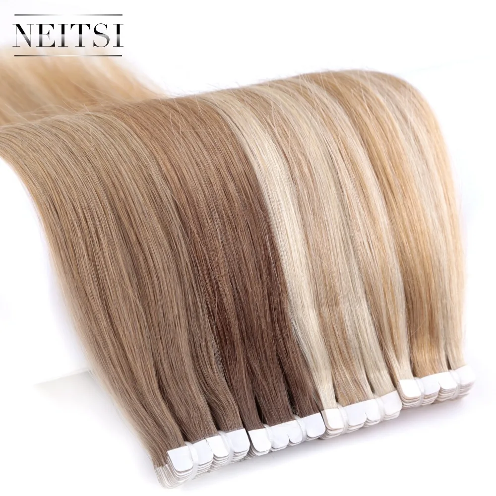 Neitsi Hair Extensions Real Tape Ins Natural Adhesive Human Hair Straight 12