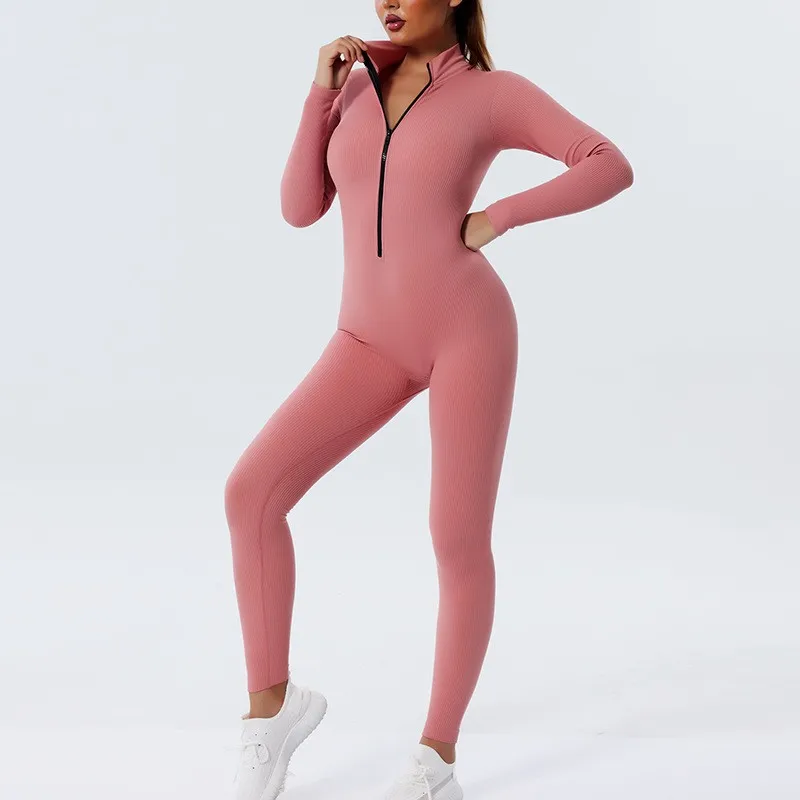 

CHRLEISURE 1PCS Zipper Gym Suit Threaded Sports Jumsuit Stretchy Long Sleeve Naked Feeling Fitness Outfit Women Activewear