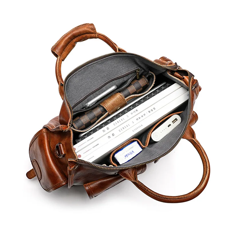 Luxury Crazy Horse Genuine Leather Men Handbag Large Capacity Briefcase Retro Shoulder Messenger Bag Male Travel Hand Tote Bag