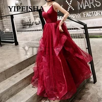 glitter v neck burgundy a line evening dresses sexy spaghetti strap tiered ruched tulle backless long prom gown robes de soir%c3%a9e
