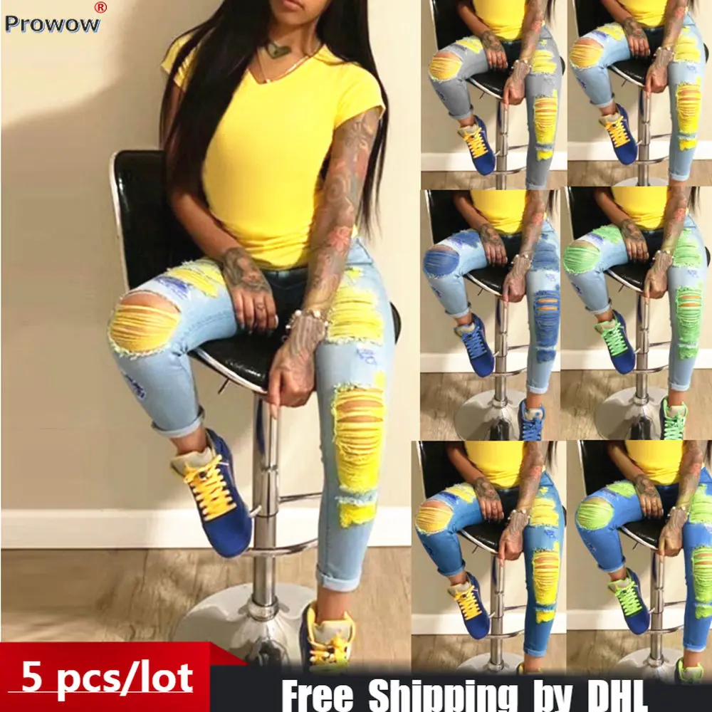 

5 шт., женские джинсовые брюки с дырками, 8330