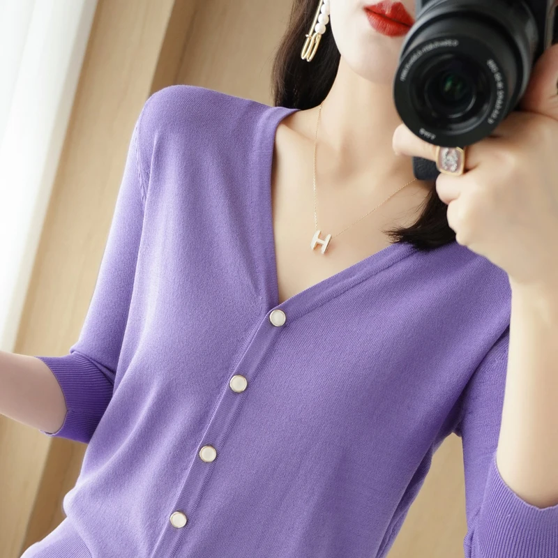 

New Ice Silk Thin Knitted Cardigan Women's Sweater Coat Spring And Autumn Three-Quarter Sleeve V-Neck Loose Coat All Matching