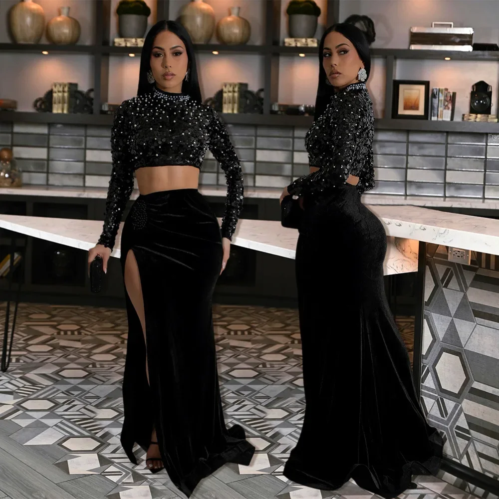 Зимние женские бархатные комплекты с длинными рукавами и блестками жемчугом