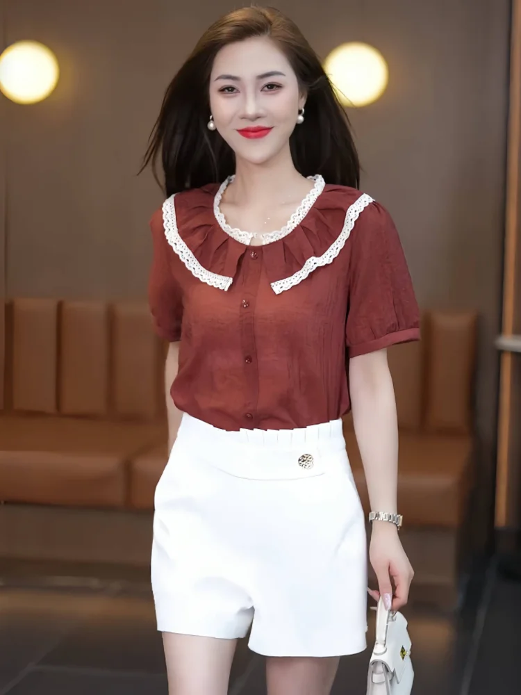 Рубашка с кукольным воротником и коротким рукавом женские летние новые