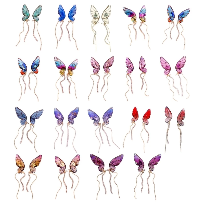 

Multiple Fantasy Neon Rhinestones Butterfly Wings Earrings Fairy Butterfly Gradient Rainbow Sequin Long Stud Earrings
