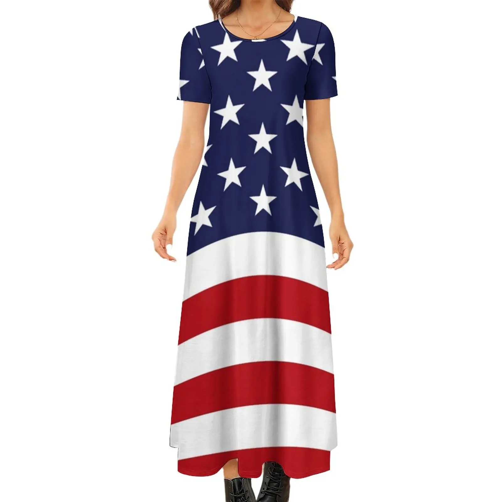 

White And Red Stripes Dress American Flag Party Maxi Dress Street Fashion Boho Beach Long Dresses Short Sleeve Oversize Clothes