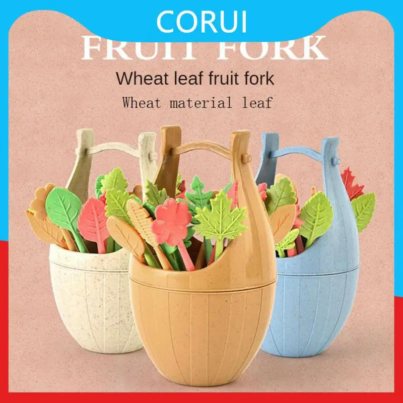 

Creative Dessert Fork Sets Simulated Leaf Nordic Color Barrel Shape Wooden Barrel Fruit Fork Sets 16pcs/sets Fruit Dessert Fork