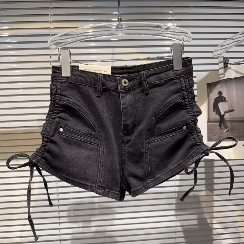 2023 Summer Niche Short Pants Side Drawstring Strap Washed And Worn Hot Girl Denim Shorts Hot Pants Boyfriend Jeans For Women