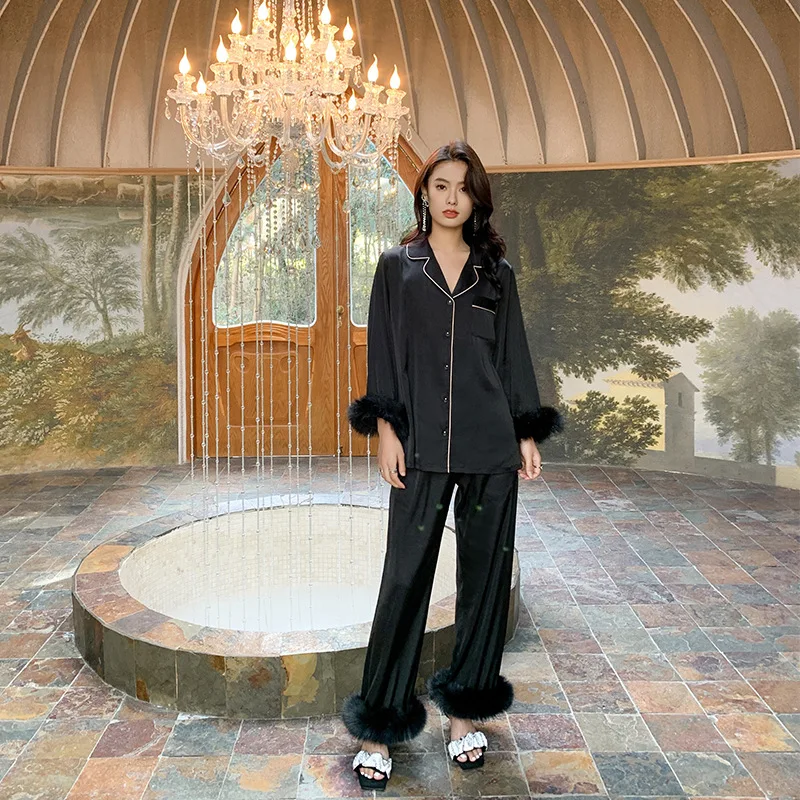 Light luxury pajamas, women's spring and summer feather stitching, high-end satin chiffon thin home clothing