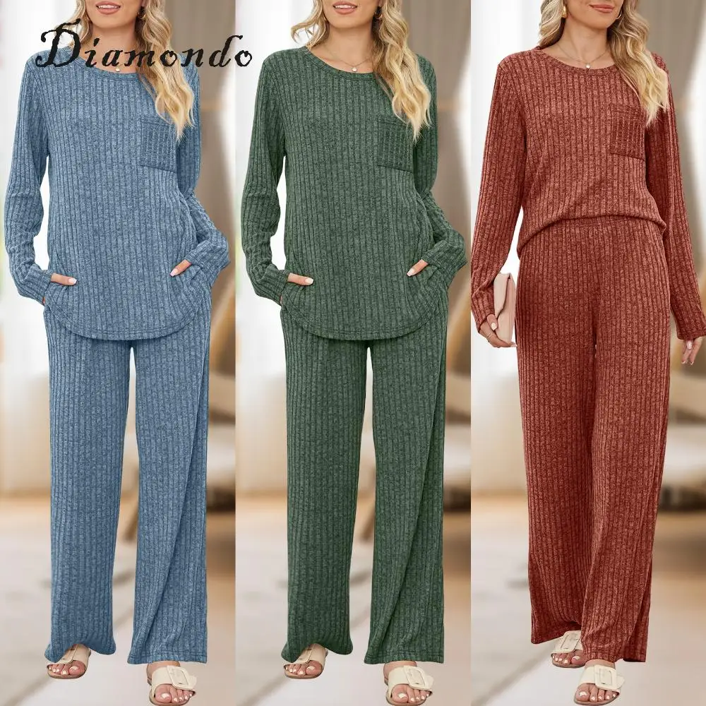 

Women 2 Piece Lounge Outfits Comfy Knit Long Sleeve Tops & Trouser Suit Loose Pullover Tops & Palazzo Pant Casual Homewear Suits