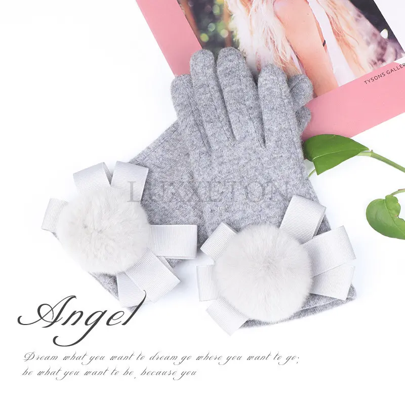 

Pure Wool Gloves Five Fingers Brown Grey Bean Color Autumn Winter Elastic Knitted Female Butterfly Knot Woman Gloves