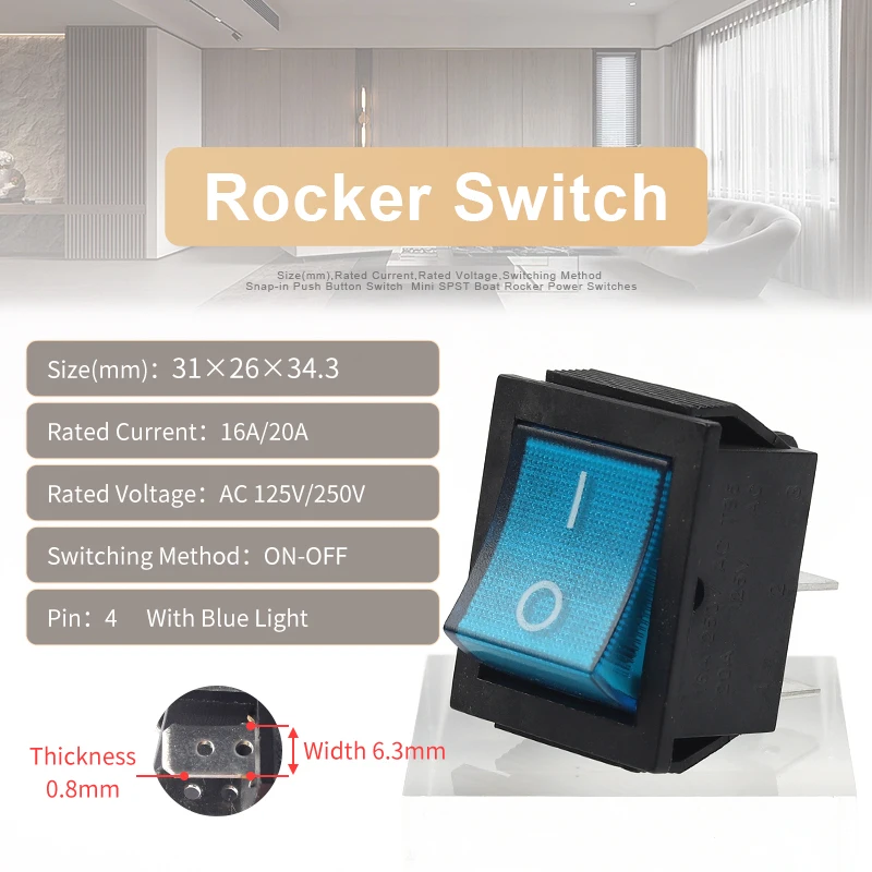 

5 шт. KCD4 16A/250 В переменного тока кулисный переключатель со светодиодной подсветкой 4-контактный 2-позиционный выключатель включения/выключения 31x26 мм электрооборудование 20 А/125 В переменного тока