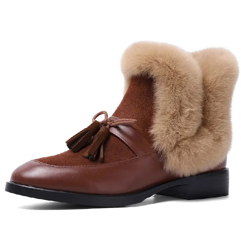 

Dilalula Retro Women Ankle Boots Autumn Winter Fur Genuine Leather Low Heels Butterfly Knot Fringe Shoes Woman Office Lady