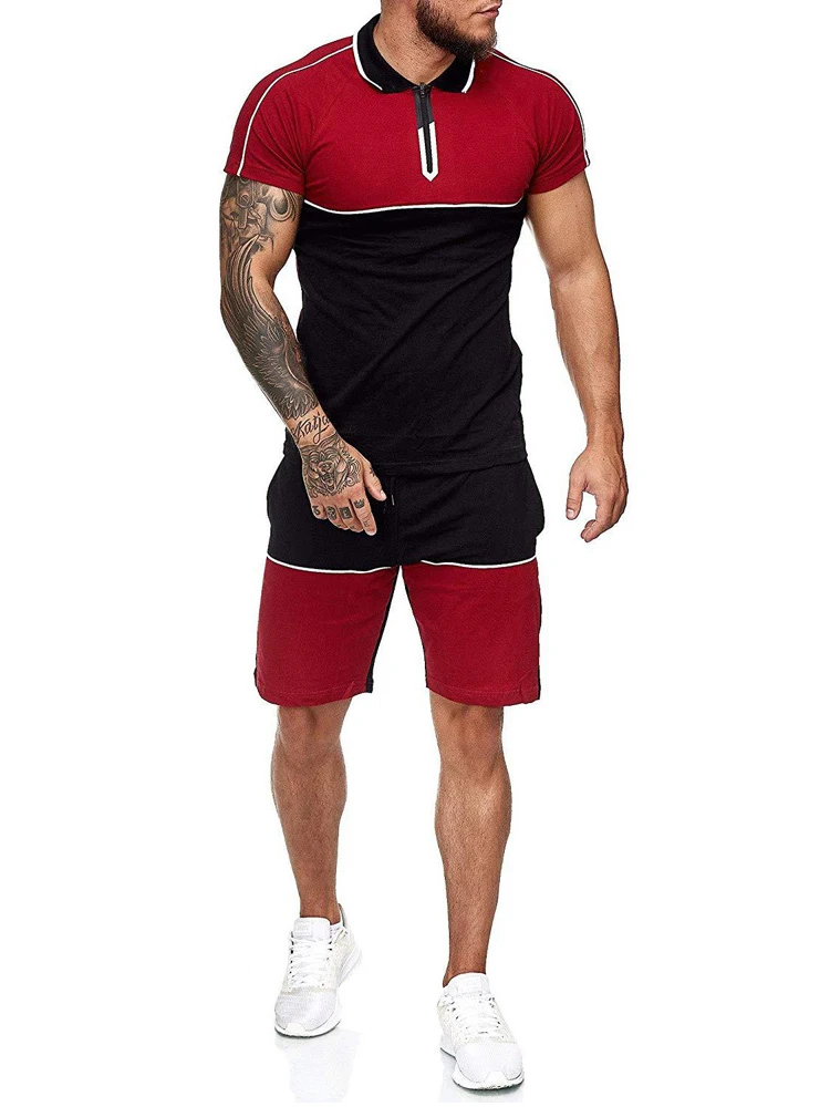 

Summer Mens Short Sleeve Lapel Buttoned Tee And Shorts Suits Fashion Two Piece Set Men Streetwear Casual Patchwork Sportsuits