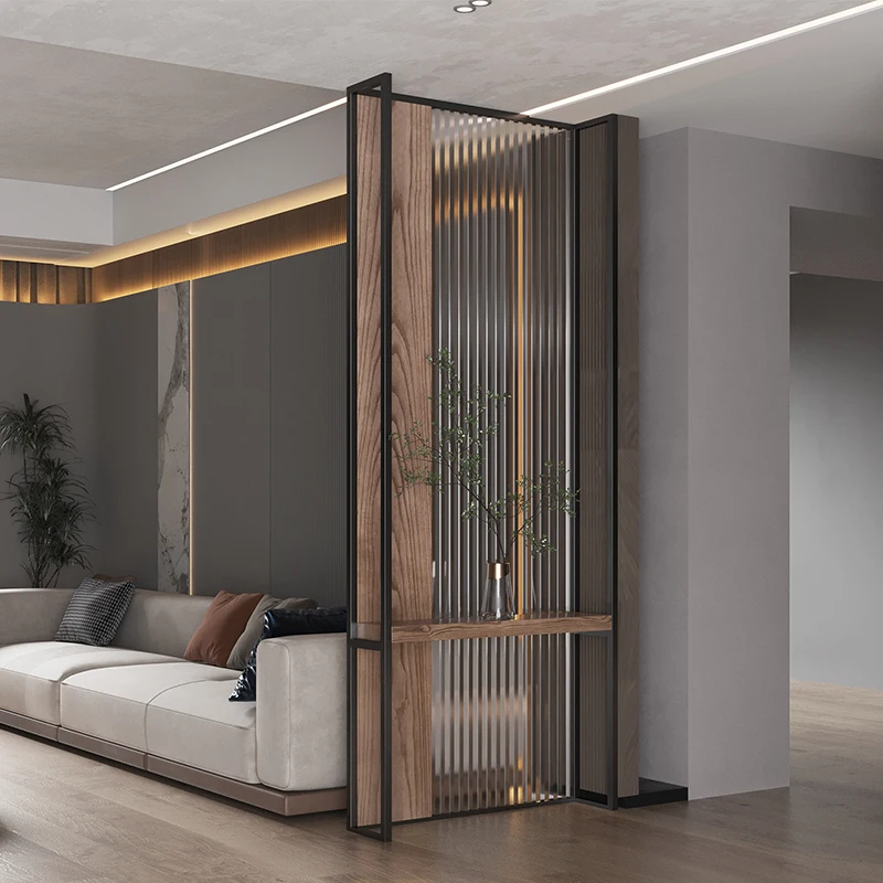 

Stainless steel glass partition wall living room solid wood screen light luxury modern simple living room porch