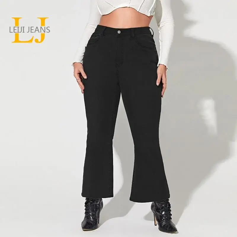 

2022 LEIJIJEANS размера плюс 100 кг Высокая талия кошка усы расклешенные ноги джинсы эластичные женские капри джинсы 5XL 6XL черные ботинки вырезать дж...