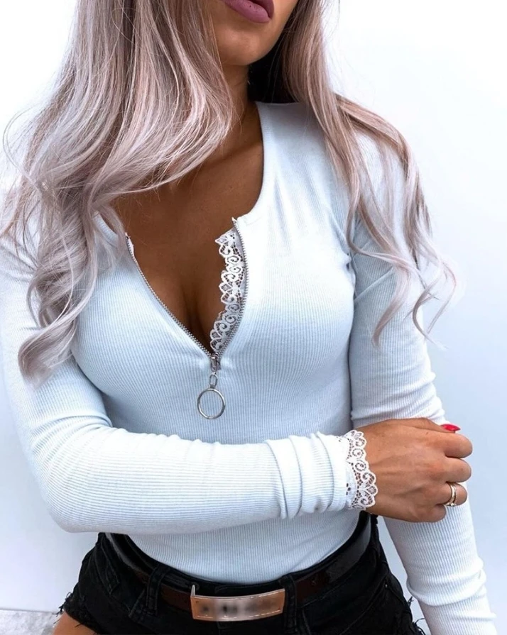 

Contrast Lace Zipper Front Ribbed Top Backless Halter Ribbed Tie Front Top Lace Up T Shirts Patchwork Sexy Bodycon