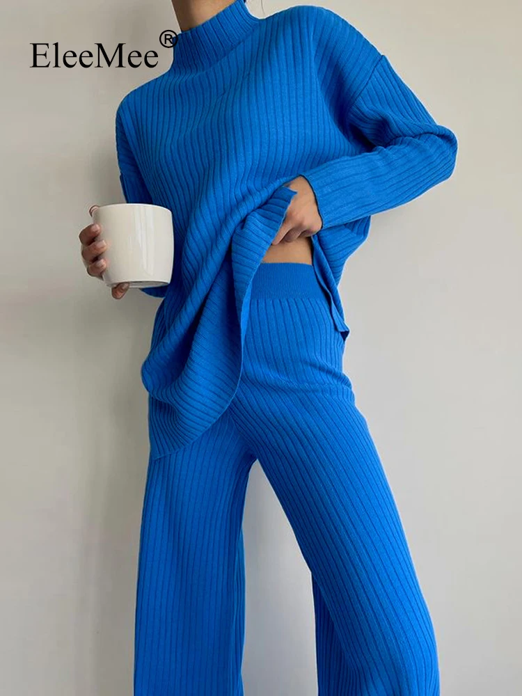 EleeMee Knitted Sets For Women Half Turtleneck Sweater And Wide Leg Pants Casual Fashion Knitwear 2023 New Arrival Suit Size S-L