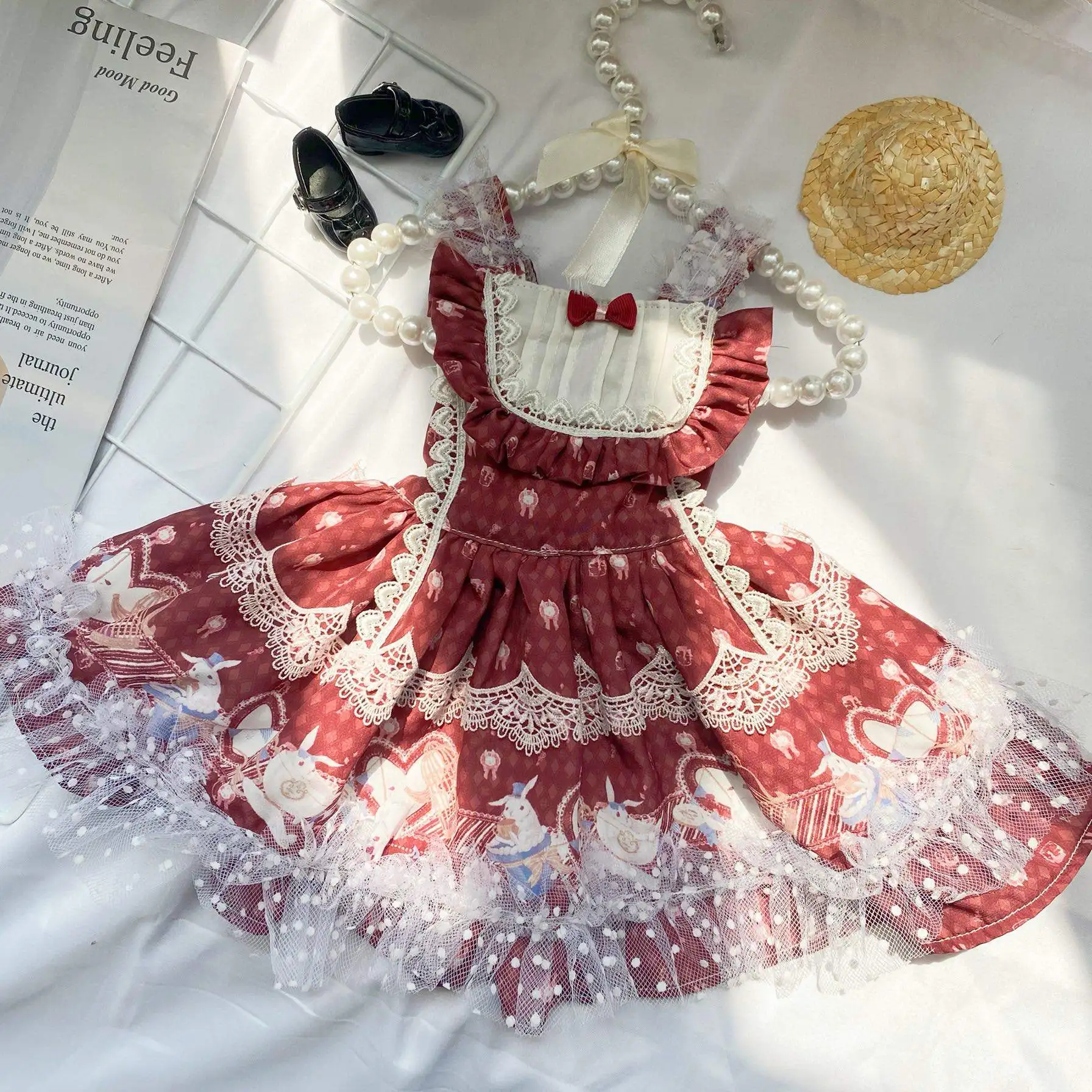 

Cute Puppy Dog Cats Clothes Handmade Lolita Dress Sweet Princess Dresses Pomeranian Teddy Bichon Pet Dog Costumes Lace Bow Skirt