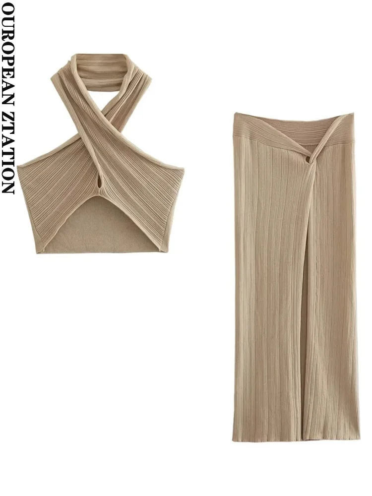 

PAILETE Women 2023 fashion cropped knit halterneck tank tops or with knotted front slit knit midi skirt two pieces sets mujer