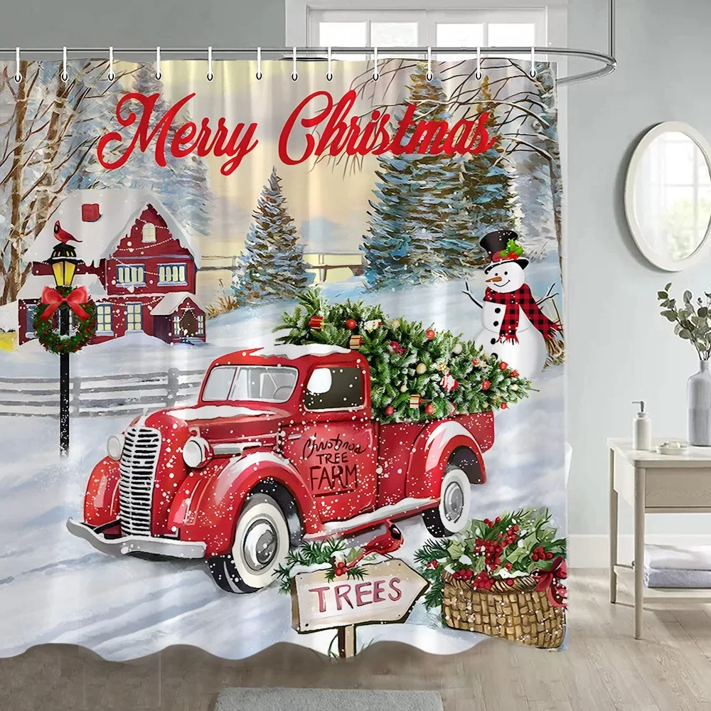 

Winter Christmas Shower Curtain Funny Snowman Xmas Trees Fireplace Truck Forest Snowy Scene New Year Holiday Home Bathroom Decor