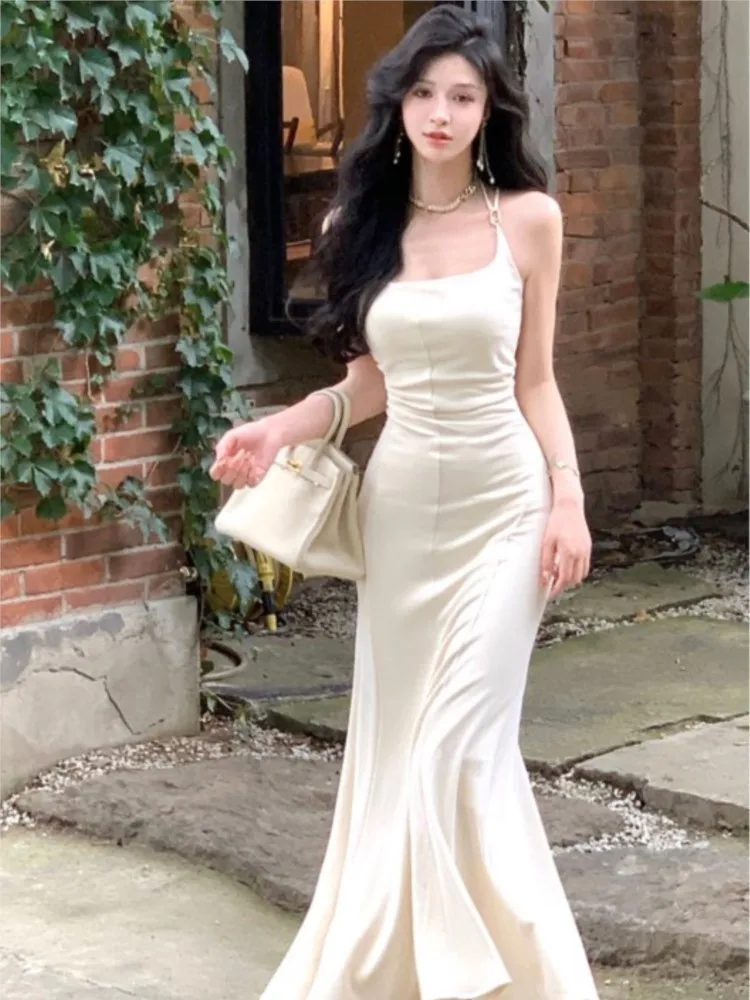 

Fashion Sexy Women Halter Midi Dress Elegant Solid Female Evening Party A-line Maxi 2023 Vintage Slim Waist Lady Vestidos Robe