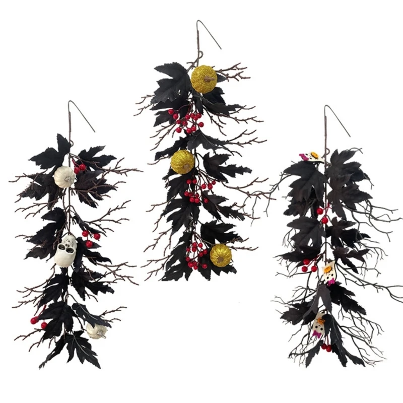 

Black Maple-Leaf Garland Fall Floral Garlands with Pumpkin-Ghost-Berry Halloween Hanging Fall-Leaves-Vine for Home Party