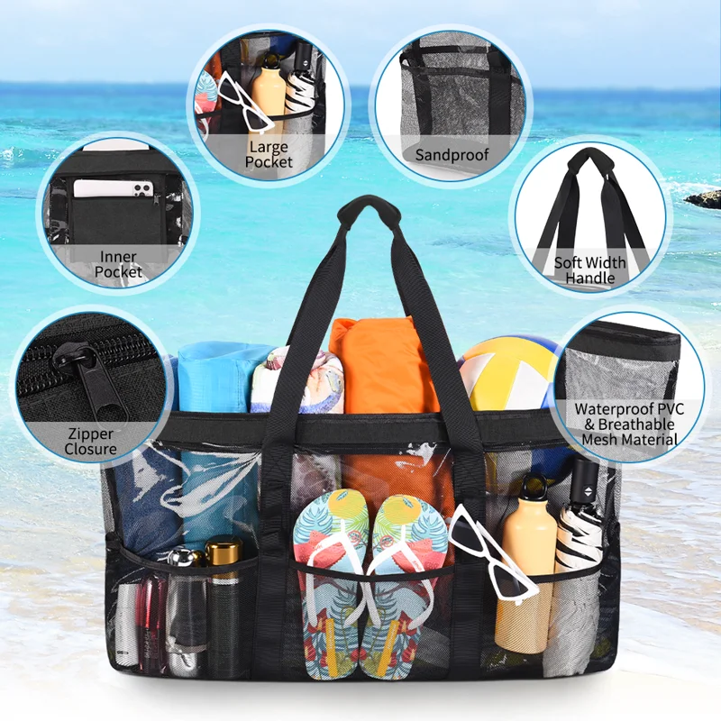 Mesh Beach Bag Larger Travel Tote Bag for Women Weekender Bag Overnight Bag Beach Tote Bag with 9 Pockets for Gym Travel Workout