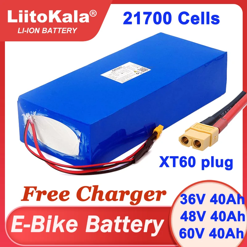 

Аккумулятор LiitoKala для электровелосипеда, 36 В, 48 В, 60 В, 40 Ач, 21700 литиевый аккумулятор для электрического велосипеда, скутера, зарядное устройство 54,6 в, 67,2 в