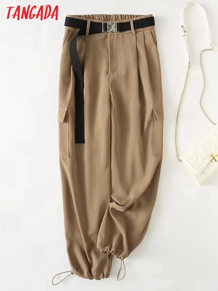 

Tangada 2022 Новый женский однотонный с поясом укороченный костюм брюки Брюки с карманами офисные женские повседневные брюки YU255