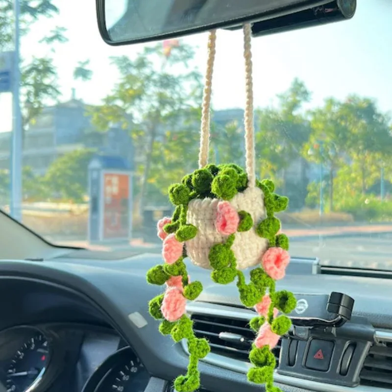 Crochet Plants Vine Hanging Basket,Artificial Flowers,Handmade Gift For Her,Room Home Wall Decor,Car Mirror Ornament Accessories