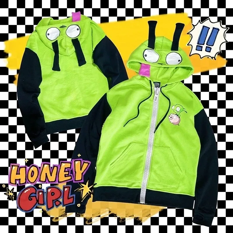 Фото Аниме Invader Косплей Костюм Пальто Alien Zim Толстовки Куртка с капюшоном на молнии Пуловеры Кофты с ушками Хэллоуин! 1e №3
