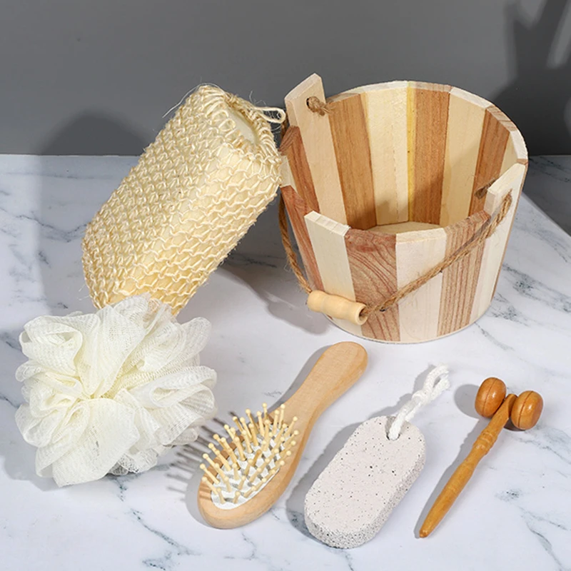 

5Pcs Bath Set with Accessories in Heart Wooden Box Pumice Stone Loofah Sponge Mesh Sponge Ball for Women Man Gift