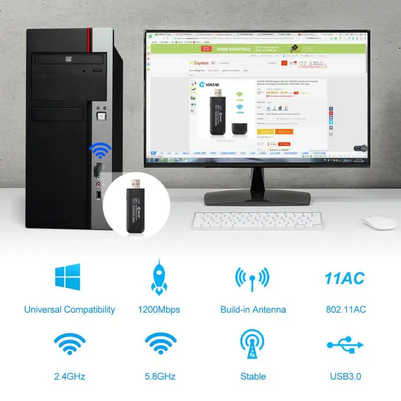 

1200 Мбит/с USB 3.0 Беспроводной Wi-Fi сетевой адаптер 5 ГГц двухдиапазонный ключ KE