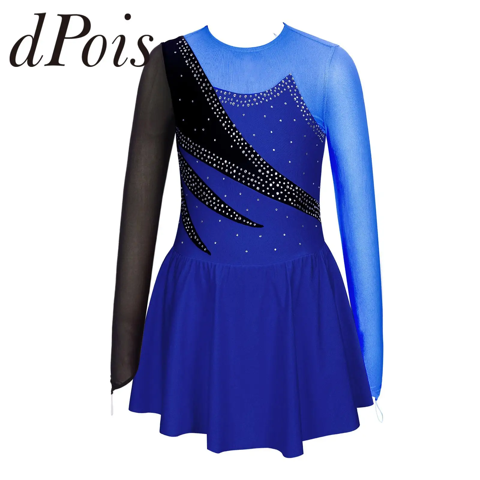 Kids Girls Long Sleeve Rhinestone Figure Skating Dress Patchwork Ballet Gymnastics Dance Leotard Dress Child Performance Clothes