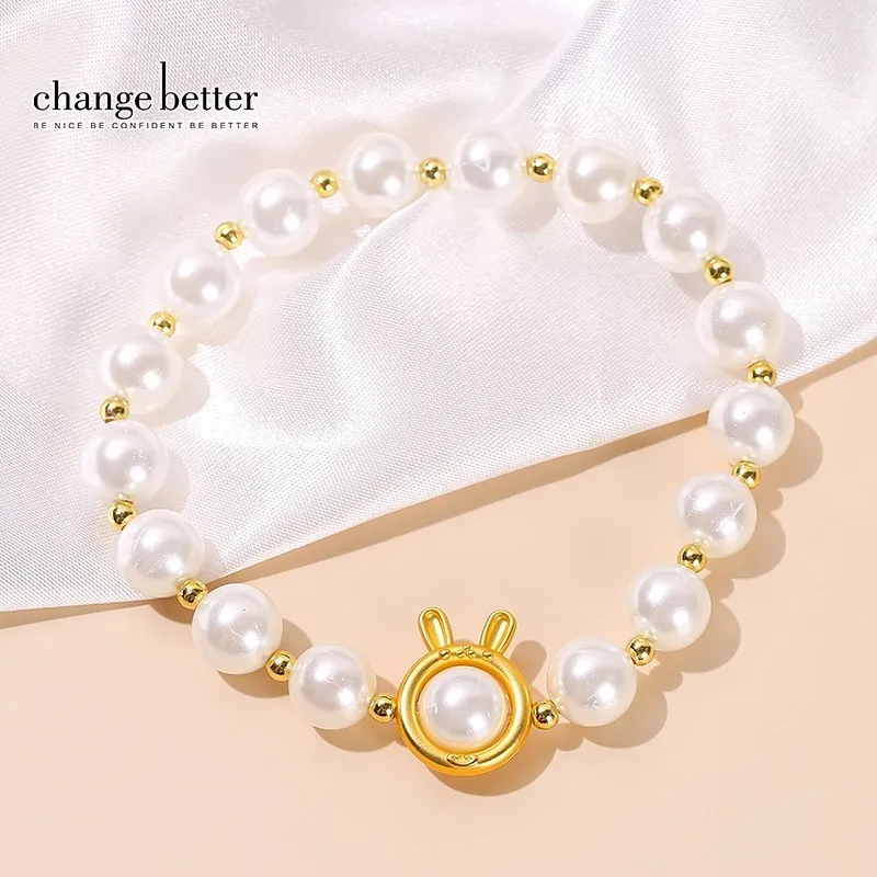 

Change Better White Shell Pearl Bead Cartoon Alloy Rabbit Lovely Bracelets Women Fashion Sweet Elastic Strand Bangles for Girls