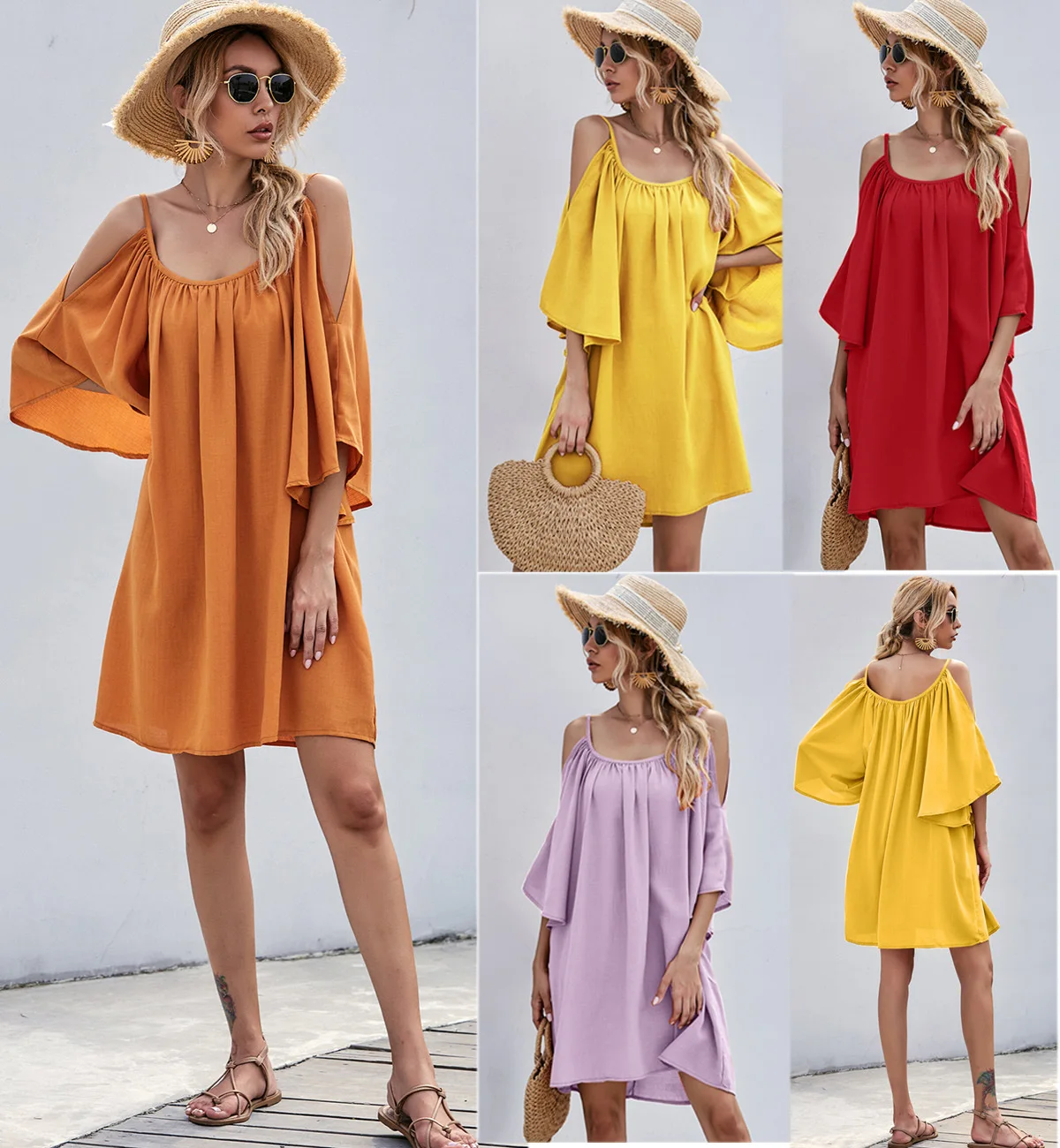 

Europe and the United States women's fashion casual flared sleeves missing shoulder sexy dress