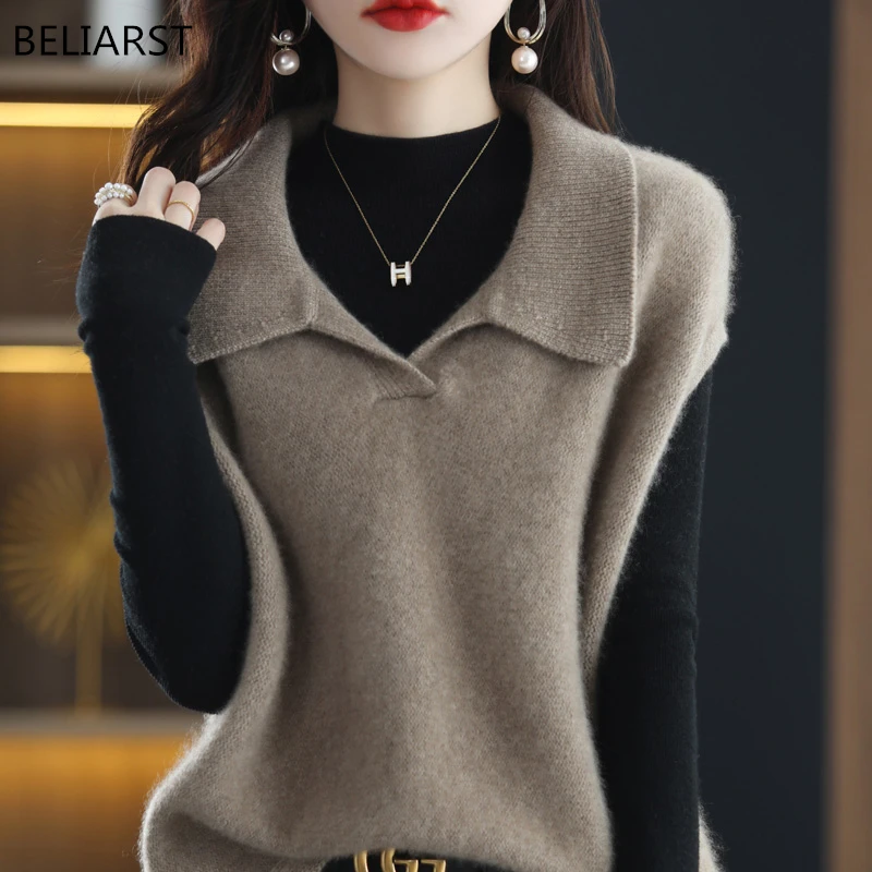 

BELIARST 100% Pure Wool Cashmere Sweater Woman Lapel Pullover Casual Knitted Sleeveless Top Spring /Summer New Vest Short Sleeve