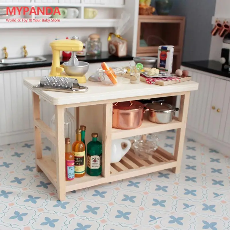 

1:12 Dollhouse Miniature Dining Table Multi-layer Cooking Food Storage Table With Hook Up Furniture Model Kitchen Scene Decor