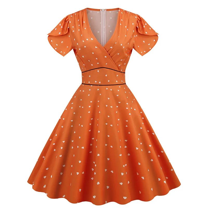 Платье женское летнее с V-образным вырезом высокой талией и коротким рукавом -