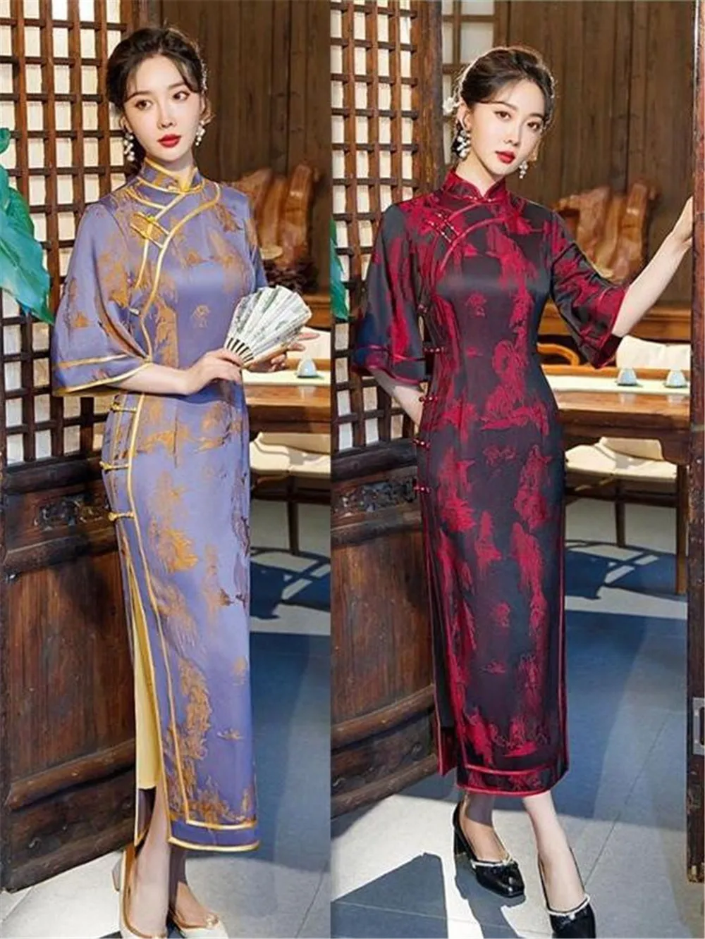 Spring Elegant Mandarin Collar Flared Sleeve Brocade Satin Qipao Lotus Long Style Cheongsam Chinese Women Dress