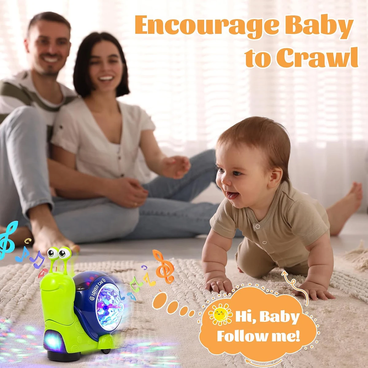 1PC Crawling Snail Baby Toy Walking Tummy for Babies Interactive Musical Light up Toys (Green snail)