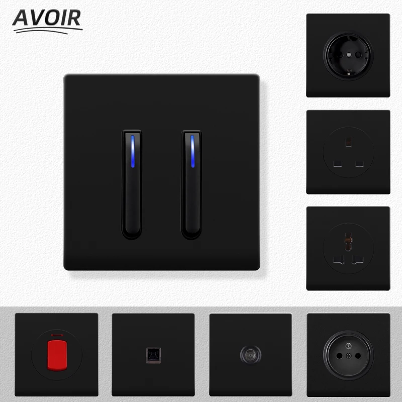 

Avoir Luxury Light Switch Black Usb Wall Socket Glass Panel Push Button Reset Switch 2 Way Piano Key Switches 220V Power Outlets