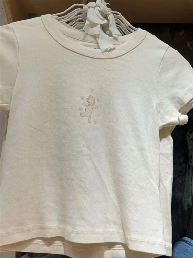 Элегантные женские бежевые футболки с коротким рукавом осень 2023 повседневные