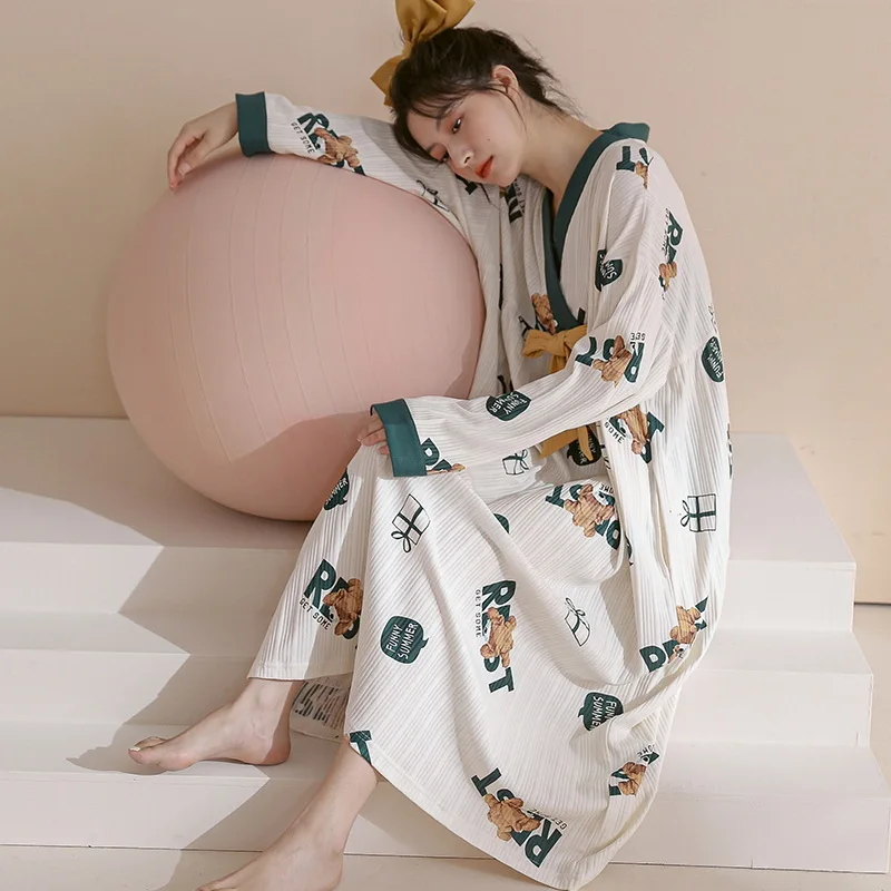 Женское платье для сна из чистого хлопка с длинным рукавом свободное героями